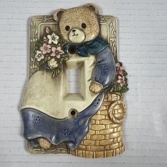 Takakashi Ceramic Switch Plate Cover Bear Dress Apron Flowers Basket - Picture 1 of 10
